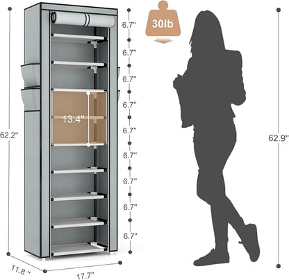 Shoe Rack with Cover Narrow Shoe Rack Organizer with 4 Side Pockets 10 Tier Tall Shoe Storage Shoe Shelf Holds 18-22 Pairs Shoes and Boots Shoe Rack for Closet, Grey