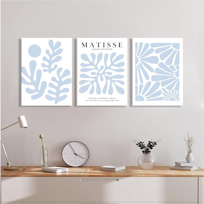 Matisse Flower Wall Art Abstract Minimalist Light Blue Henri Matisse Canvas Posters Prints Aesthetic Pictures Wall Decor Gallery Home Decoration for Bedroom Living Room Framed 12x16 inch