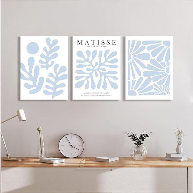 Matisse Flower Wall Art Abstract Minimalist Light Blue Henri Matisse Canvas Posters Prints Aesthetic Pictures Wall Decor Gallery Home Decoration for Bedroom Living Room Framed 12x16 inch