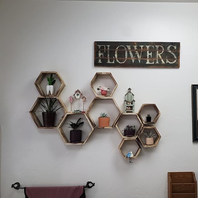 WONFUlity Hexagon Floating Shelves - Honeycomb Wall Mounted Wood Farmhouse Storage for Bathroom, Kitchen, Bedroom, Living Room - Driftwood Finish Decor, Light Brown