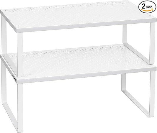 SONGMICS Spice Racks, Set of 2 Metal Cabinet Shelf Organizers, Countertop Organizers, Shelf Risers, Stackable, Expandable, White UKCS401W01