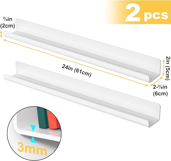 NiHome Set of 2 Magnetic Acrylic Floating Book Shelves, 24 Inches Long for Whiteboard, Classroom and Fridge Storage, Holds Up to 8.5 lbs, Sleek Design Organizer for Large Picture Adhesive (White)