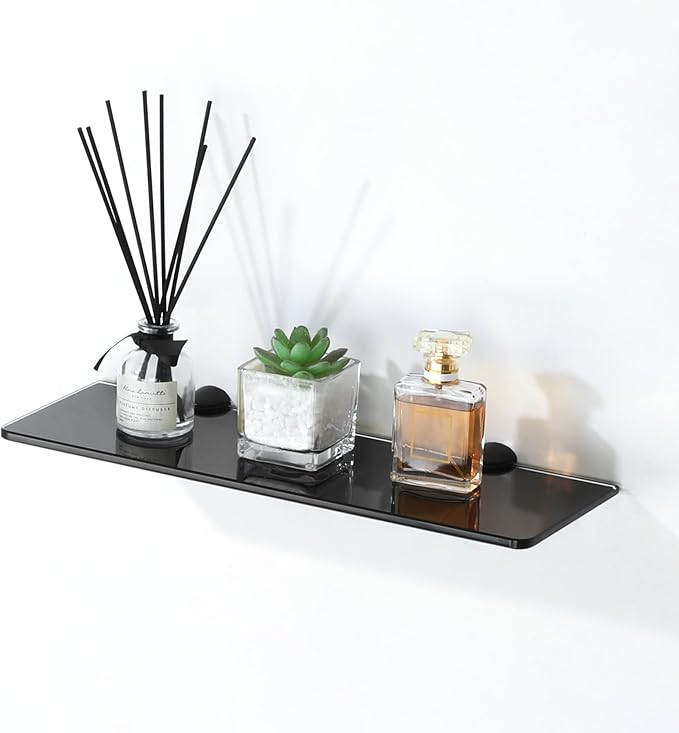 Alise Bathroom Glass Shelf, 15 Inch Floating Shelves, Tempered Shower Storage, Wall Mount Small Glass Shelves for Bathroom, Showers, Over The Toilet, Matte Black