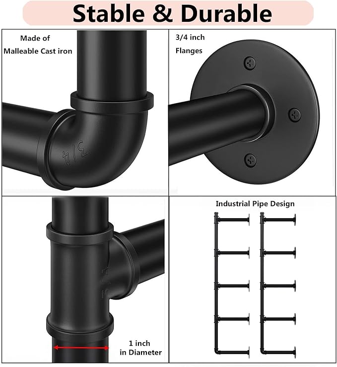 Industrial Pipe Shelf Brackets Wall Mount,Open Black Pipe Shelving for Kitchen,Floating Shelf Brackets Mount,Open Bookshelf Brackets for Shelves,Wall Shelves 12 Inch Deep(2PcsX5Tier,61