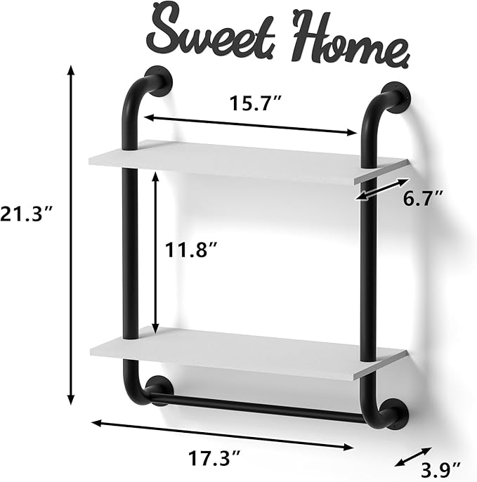 Bathroom Shelves Wall Mounted, Rustic Farmhouse Pipe Shelves 2-Tier, Floating Shelf Wall Decor for Bathroom, Kitchen, Bedroom, Living Room Thanksgiving Day 17.3in White