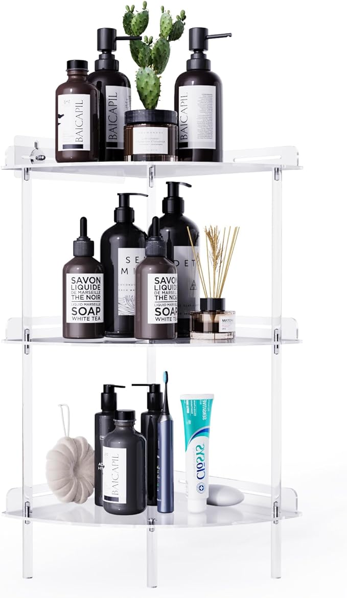 Corner Shower Caddy, 3 Tier Acrylic Shower Organizer Corner for Inside Shower, Rustproof Floor Standing Shower Shelves for Bathroom, Clear