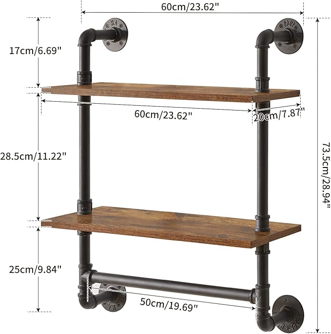 IBUYKE Pipe Floating Shelves,Rustic Iron 28.5 inches Industrial Pipe Shelf,2-Tier Wall Shelf with Towel Bar,Wall Mount Bookshelf for Bedroom,Kitchen,Living Room,Bathroom URF-TM014