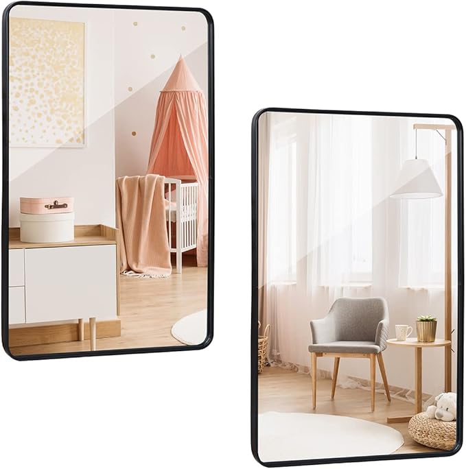 ZenStyle 2 Packs Wall Mount Mirror for Bathroom, 24 x 36 Inch Black Metal Framed Rounded Corner Rectangular Mirror with Peaked Trim for Entryways, Living Rooms, Bathrooms