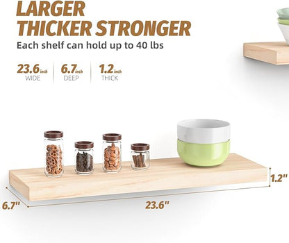 Floating Shelves (Set of 2) – Wall Mounted Shelves for Home Décor and Storage, Natural Pine Wood, Suitable for Living Room and Bedroom (Unfinished, 23.6" x 6.7" x 1.2")