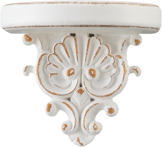 SOFE Rustic Vintage Decorative Wall Shelves, Shabby Chic White Wood Floating Shelf, Hanging Small Display Shelf for Candle, Collectibles, Figurines Item, Ornate Scroll Design