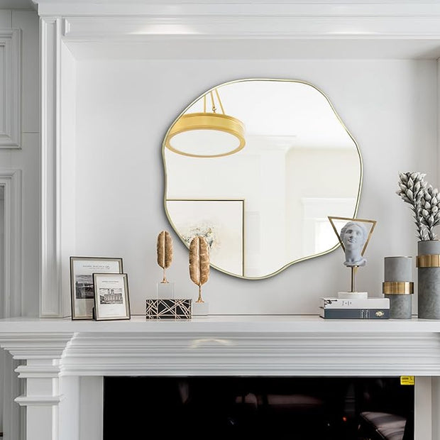 POZINO Asymmetrical Mirror, 25" Irregular Wall Mirrors, Gold Scalloped Rounded Mirror, Modern Frameless Abstract Mirrors for Bathroom Living Room Bedroom Entryway Fireplace