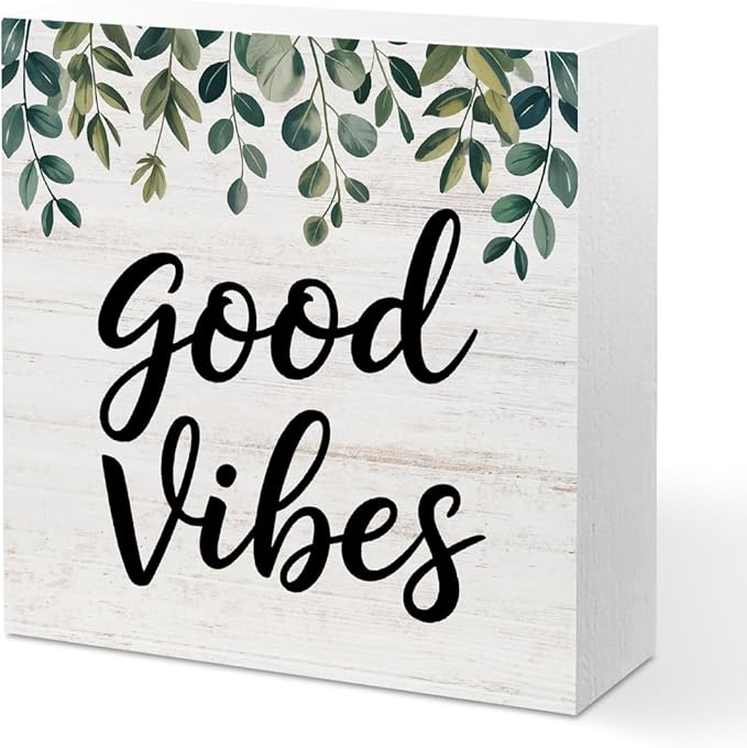 Botanical Eucalyptus Leaves Wood Box Sign Desk Decor, Good Vibes Rustic Eucalyptus Desk Decorative Signs for Home Office Table Shelf Cubicle Mental Health Wooden Block Box Sign