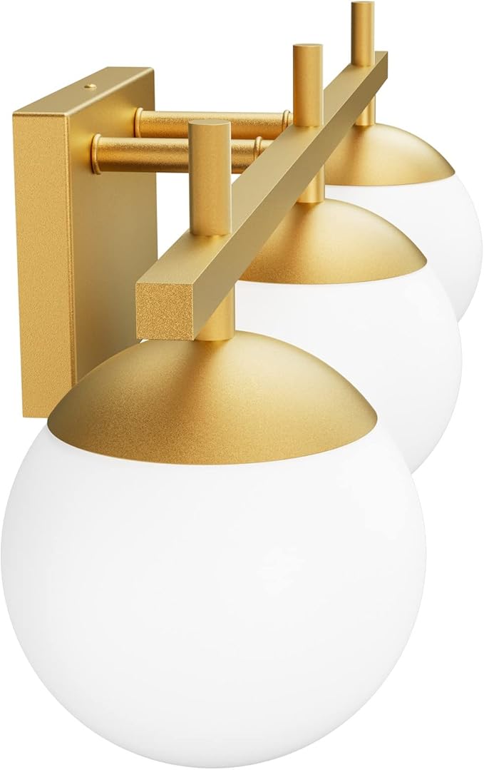 Ralbay Mid Century Modern Gold Bathroom Light Fixtures Gold Milky Glass Modern Bathroom Vanity Lights Over Mirror, Gold 3-Light (Exclude Bulb)