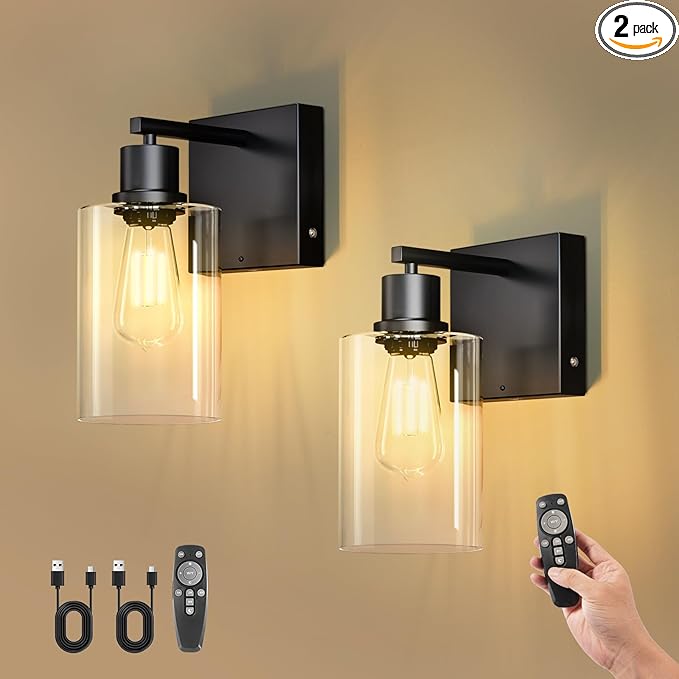 Kimjo Battery Operated Wall Sconce Set of 2 with Remote, Rechargeable Wireless Wall Lights with Dimmable Bulb and Glass Shade, Wall Decor for Bedroom Bathroom Hallway