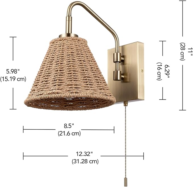 Globe Electric x Novogratz 65000052 1-Light Wall Sconce, Matte Brass Finish, Rattan Shade, On/Off Pull Chain Switch, Home and Office Decor, Modern Lighting for Living Room, Bohemian