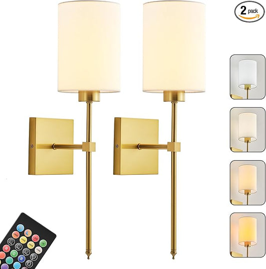 Battery Operated Wall Sconce Set of Two, Wireless Rechargeable Wall Light with Remote Control, Dimmable, 4 Color Temperatures, RGB, Timer, for Living Room,Bedroom,Entryway, Gold, 20.6 Inch