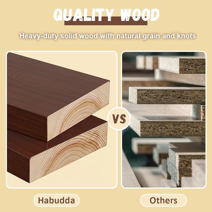 Habudda Floating Shelves for Rustic Home Decor, Natural Solid Wood Wall Shelf, Invisible Bracket Wall Mount, 23.6 Inches, 2 Pack