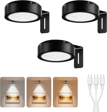 Picture Lights for Wall, 2000mAh Rechargeable Battery Powered Magnetic Lights with 3 Lighting Color Dimmable Timer Art,Poster,Gallery,Painting Display,Photos,Frame,Wall Light,Black (3 Pack)
