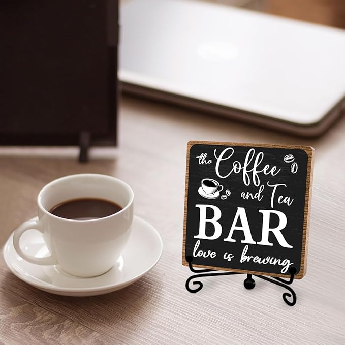 Toerifer Coffee Bar Decor, Funny Coffee Sign, Wooden Table Display, 5x5 Inches, Black, Rustic