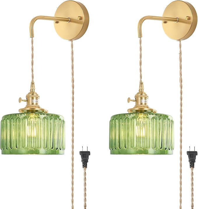 Vintage Wall Sconce with Green Striped Glass Shade Hanging Wall Sconce with 4.9FT Plug in Cord, Modern Wall Lamp Fixtures Decor for Bedside Bedroom Indoor Doorway, Set of 2