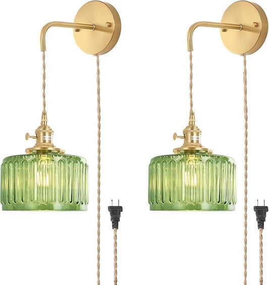 Vintage Wall Sconce with Green Striped Glass Shade Hanging Wall Sconce with 4.9FT Plug in Cord, Modern Wall Lamp Fixtures Decor for Bedside Bedroom Indoor Doorway, Set of 2