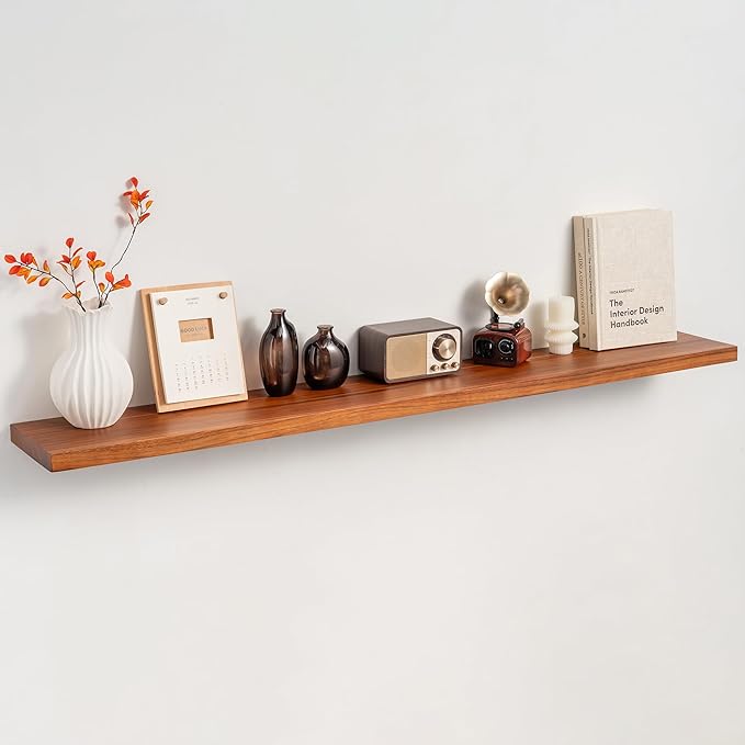 55 Inch Solid Wood Floating Shelf - 100% Solid Teak Wood Wall Shelf with Invisible Brackets - Waterproof Natural Wood Shelves for Bathroom, Kitchen, Balcony - Heavy Duty Floating Wall Decor