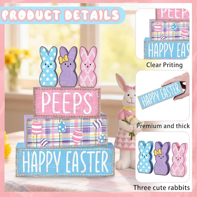 DIYDEC 6Pcs Easter Tabletop Decorations Colorful Bunny Wooden Block Signs Gift Rustic Tiered Tray Decor Happy Easter Centerpiece Farmhouse Wood Rabbit Table Sign for Kitchen Home Office Party Decor