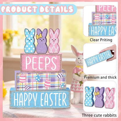 DIYDEC 6Pcs Easter Tabletop Decorations Colorful Bunny Wooden Block Signs Gift Rustic Tiered Tray Decor Happy Easter Centerpiece Farmhouse Wood Rabbit Table Sign for Kitchen Home Office Party Decor