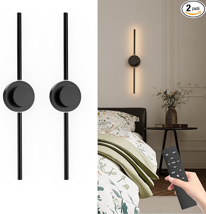 27.6" Battery Operated Wall Sconces Set of 2, Wireless Rechargeable Wall Light with Detachable Charging Case & Remote, Dimmable, 3 Color Temp, Timer, 360° Rotatable Wall Lamp for Bedroom, Living Room