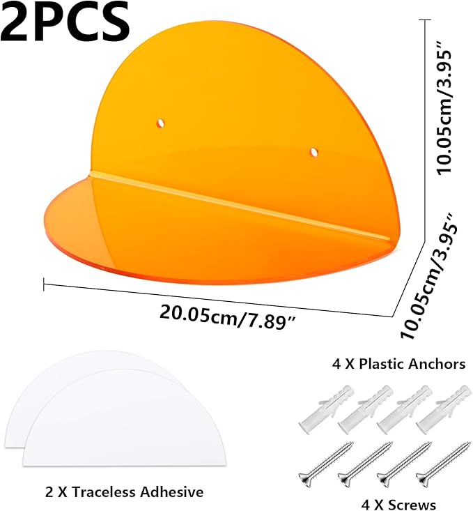 Lesnala 2Pcs Small Acrylic Shelves Floating Shelves for Wall Orange Wall Mounted Display Shelf with Stickers and Screws for Bathroom Bedroom Living Room Office Decor,7.9 Inch