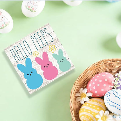 Funny Easter Sign Easter Bunny Peeps Decor Table Decorations Spring Flower Decor Indoor for Home Office Desk Table Shelf Tiered Tray Hello Peeps Wooden Sign 5 X 5 Inch