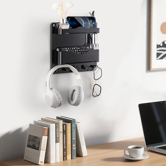 JUMEIHUI Bedside Wall Shelf with Glasses Hooks ，Adhesive Bedside Organizer Wall Mount for Dorm and Room Accessories Phone，Remote，Earphone， Kindle (Black)