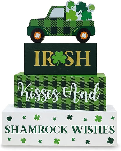St. Patrick's Day Decorations, 4 Pcs Wooden St. Patrick's Day Table Decorations, Shamrock Truck Tiered Tray Decor, Wooden Table Sign for Desk Shelf Mantel Centerpiece, Indoor Home Decor