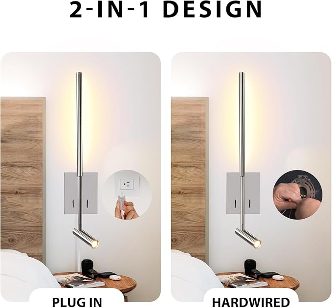 ZEROUNO Modern Plug in Wall Sconce Mounted Wall Reading Light, Corded Brushed Nickel Wall Sconce with On Off Switch, Art Deco Wall Mount Bedside Lamp for Bedroom Living Room Corner etc.