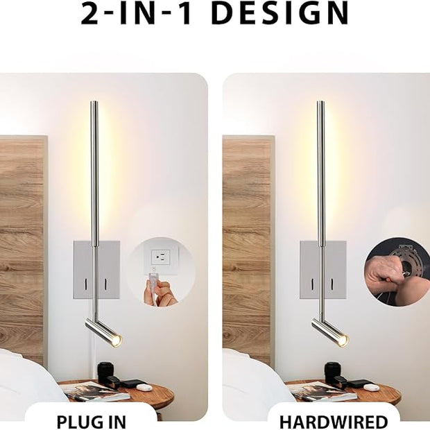 ZEROUNO Modern Plug in Wall Sconce Mounted Wall Reading Light, Corded Brushed Nickel Wall Sconce with On Off Switch, Art Deco Wall Mount Bedside Lamp for Bedroom Living Room Corner etc.