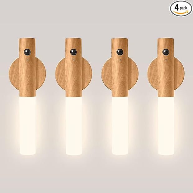 Motion Sensor Night Lights – 4 Pack Rechargeable Magnetic LED Sconces for Bedroom, Hallway & Picture Lighting + 4-in-1 Charging Cable (Oak Yellow)