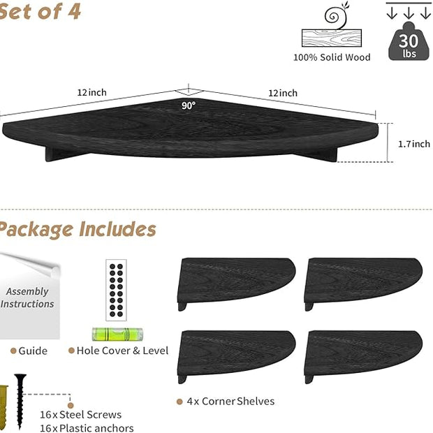 Forbena Black Floating Corner Bookshelf for Wall Set of 4, Large Corner Plant Shelves for Living Room, Rustic Rounded Hanging Bookshelves Wall Mounted for Bedroom Books, Kitchen, Closet, Office