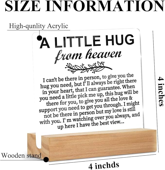 Memorial Gifts Acrylic Sign with Wooden Stand, a Little Hug from Heaven Remembrance Condolence for Loss of Loved One, Table Decor Bereavement Gift, Sympathy Gifts for Mom Dad Couple