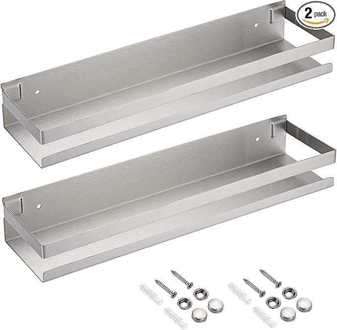 OwnMy 2PCS 16 Inch Shower Shelf Bathroom Inside Shower Caddy Stainless Steel Shower Racks Shower Baskets, Metal Kitchen Organizer Racks Floating Shelves Wall Mount Rectangular Corner Shower Shelves
