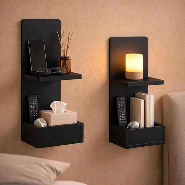 2-Tier Black Floating Wall Shelf, 20x8x6 Wall-Mounted Wooden Beside Shelf/Nightstand for Home Décor, Plants, Cosmetics, Bathroom, Kitchen, Bedroom Storage (Black with Box)