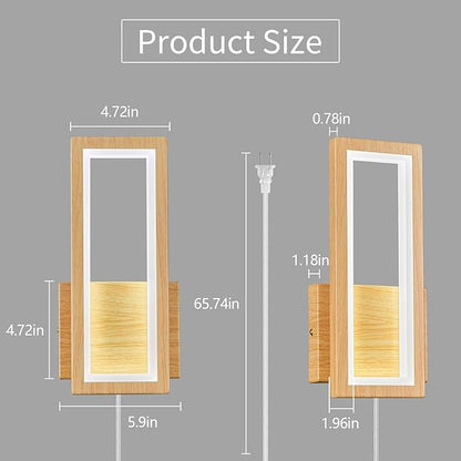 Modern Wood Color Plug in Wall sconces 18W Indoor LED Simple Wall Fixture 6000K Rectangle Vanity Wall Lights for Living Room Bedroom Hallway Stairs(1Pack)
