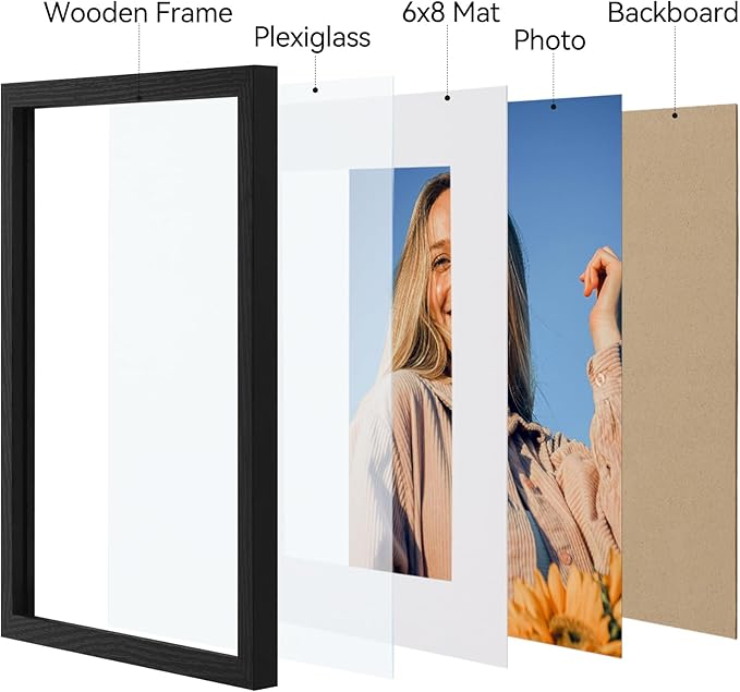 Vittanly 9x12 Picture Frames Set of 4, Display Pictures 6x8 with Mat or 9x12 without Mat, Gallery Wall Frame Set for Wall Mounting, Engineered Wood with Shatter Resistant Plexiglass, Black