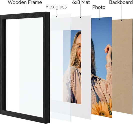 Vittanly 9x12 Picture Frames Set of 4, Display Pictures 6x8 with Mat or 9x12 without Mat, Gallery Wall Frame Set for Wall Mounting, Engineered Wood with Shatter Resistant Plexiglass, Black