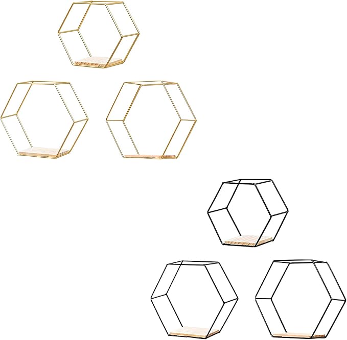 Callicarpa Geometric Hexagon Shaped Floating Shelves Set of 3 Metal Hexagon Shelves Display Shelf for Bedroom, Living Room, Bathroom, Kitchen and Office(Gold)