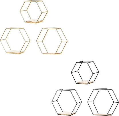 Callicarpa Geometric Hexagon Shaped Floating Shelves Set of 3 Metal Hexagon Shelves Display Shelf for Bedroom, Living Room, Bathroom, Kitchen and Office(Gold)
