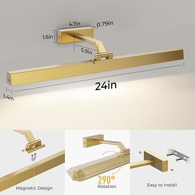 Picture Lights for Wall, Brushed Gold Battery Operated Picture Light 24in Art Light CCT Dimmable Recharging Battery Wall Light with Remote Control for Living Room Gallery
