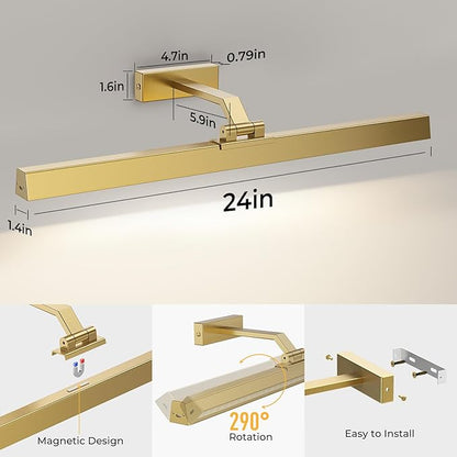 Picture Lights for Wall, Brushed Gold Battery Operated Picture Light 24in Art Light CCT Dimmable Recharging Battery Wall Light with Remote Control for Living Room Gallery
