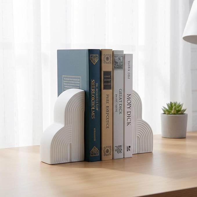 6.6‘’ Decorative Resin Book Ends for Shelves - Modern Bookends for Heavy Books - Minimalist Book Stopper for Aesthetic Home Office Bookshelf Decor - Stylish Gifts for Book Lovers (White)
