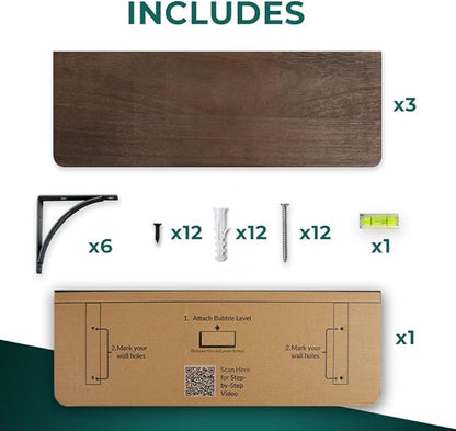 Willowy Reinforced Steel Bracket Dark Brown Wall Shelves - Easy to Install, Template and Video Included - Dark Wood Shelves for Wall, Wooden Shelf for Wall, Laundry Room Decor
