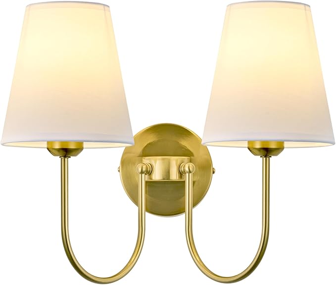 Hardwired White Fabric 2 Light Wall Sconce – Double Headed Cloth Shade Fixture for Bedroom, Bathroom & Hallway (Direct Wire)